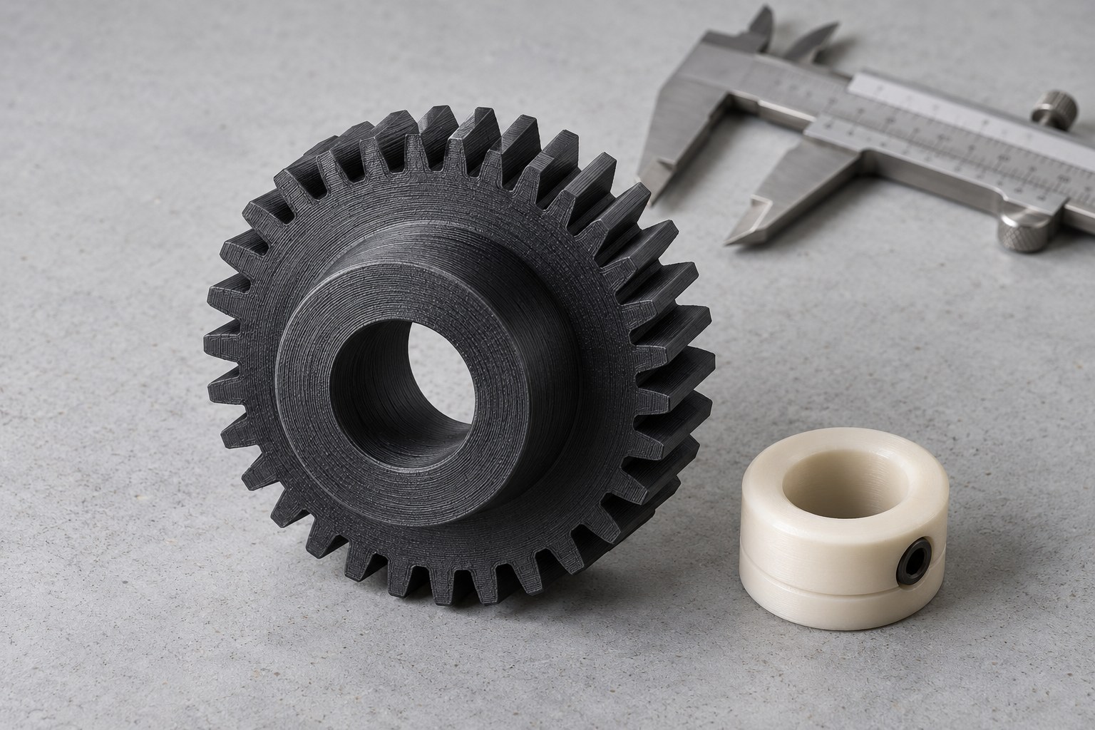 Illustration of a graphite 3D printed gear and an ivory collar on a workbench with a measuring caliper